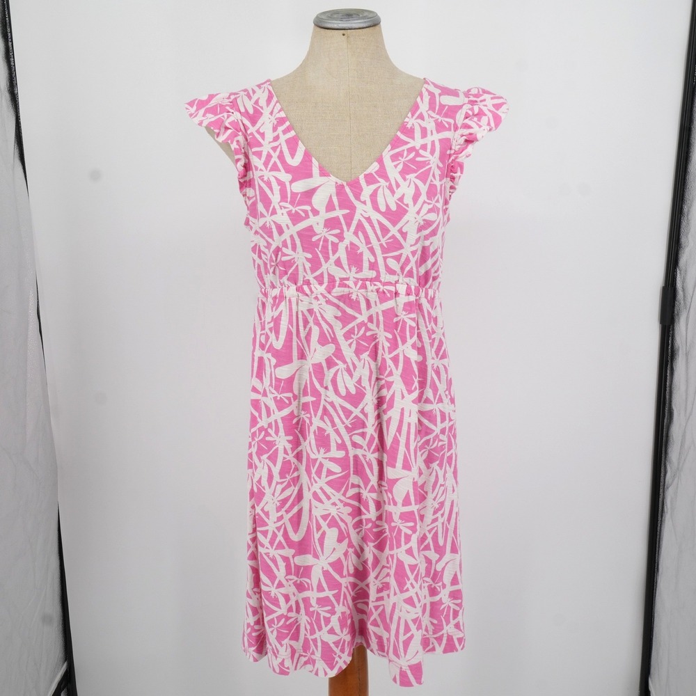 Lilly Pulitzer Dress Womens Medium Pink White Dragonfly Flutter Sleeve V-Neck